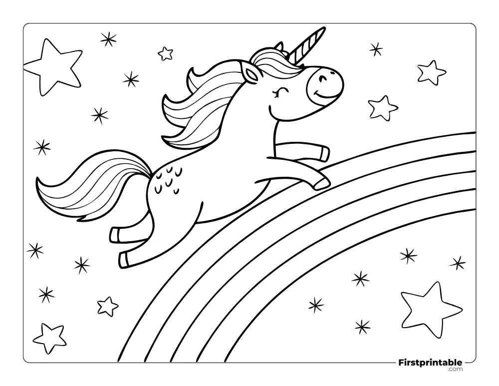 Flying Unicorn over the Rainbow to Color