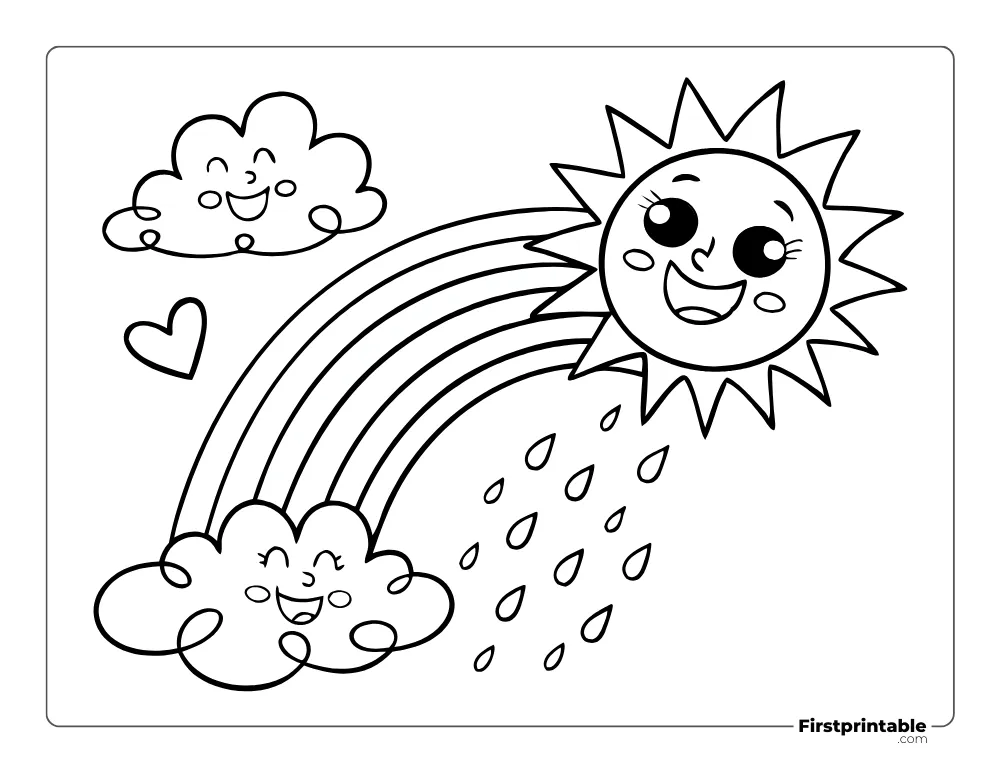 Cute Clouds and Sun Rainbow Coloring Page