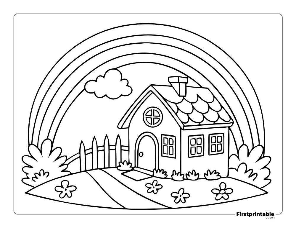 Rainbow Behind the House Coloring Page