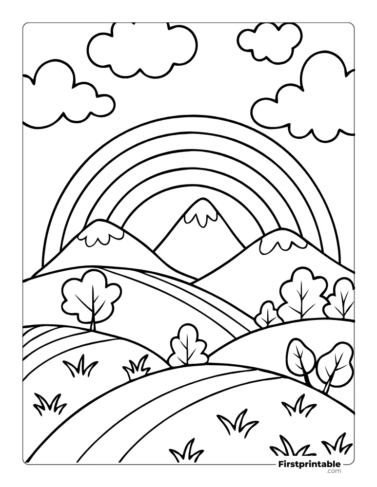 Rainbow Behind Mountains Coloring Sheet