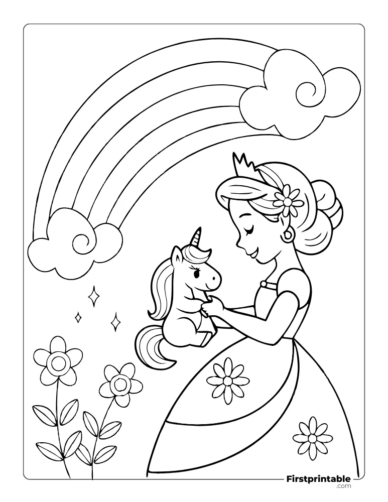 Princess with Baby Unicorn to Color