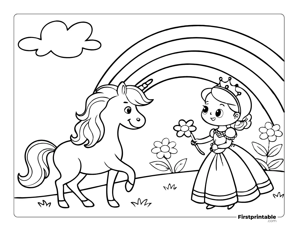 Princess with Flowers and a Unicorn to Color