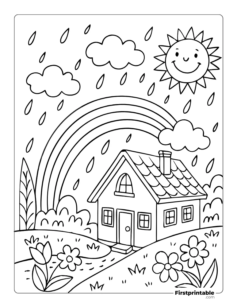 Rainy Scene with Rainbow Coloring Page