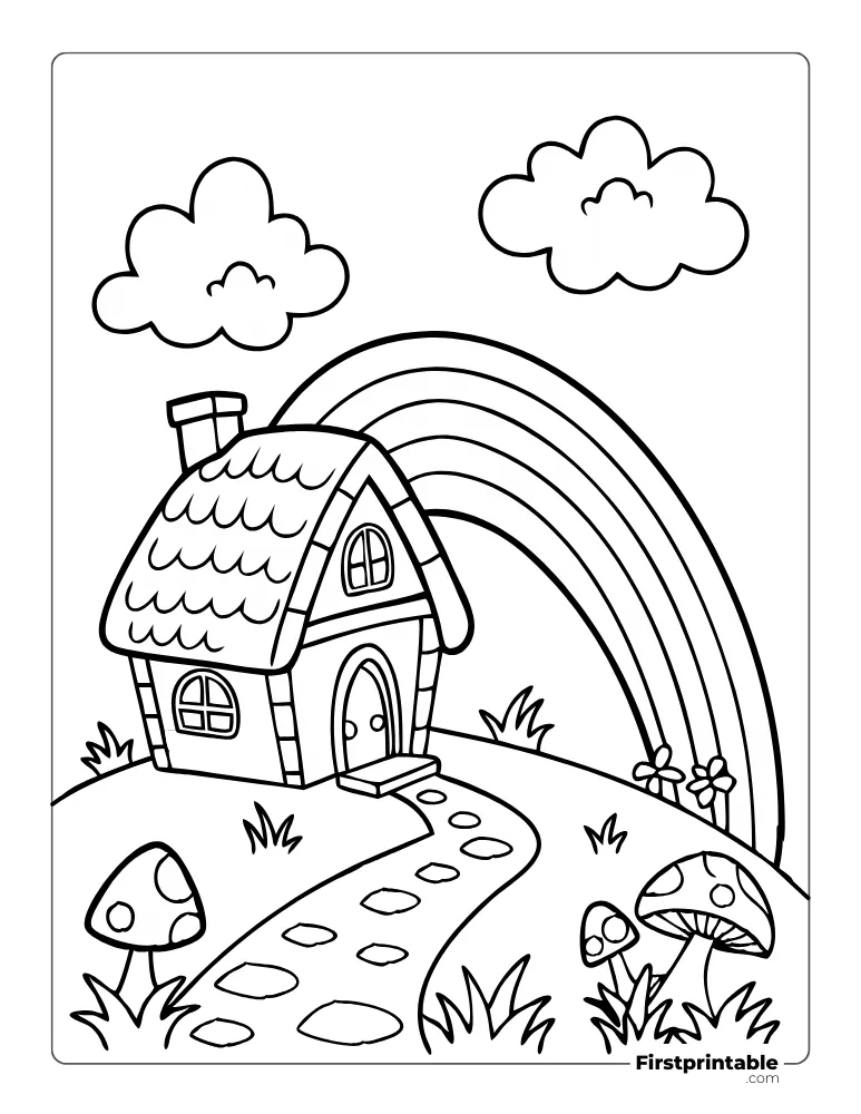 Coloring Page of a Rainbow Behind the House