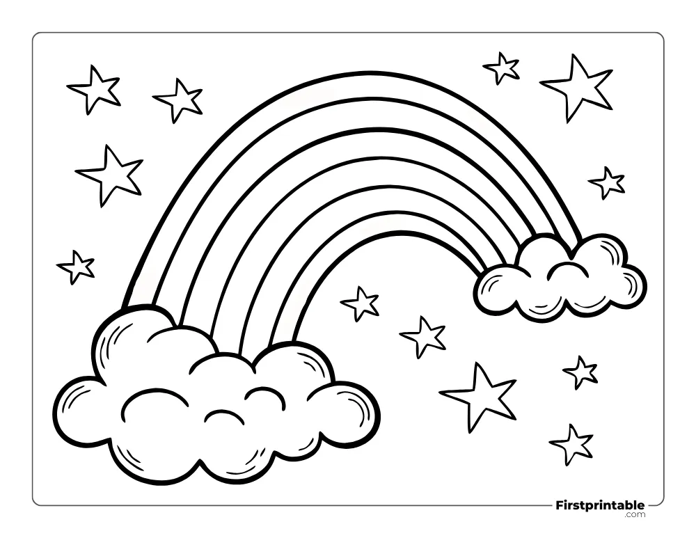 Cute Rainbow with Clouds and Stars for Kids to Color