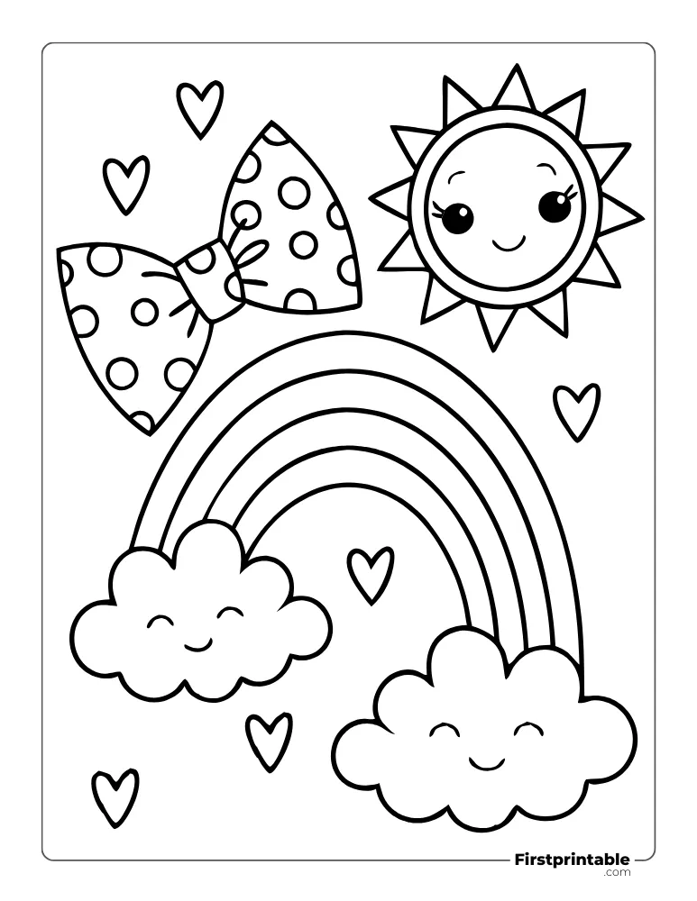 Coloring Page of Happy Rainbow with Clouds Coloring Sheet