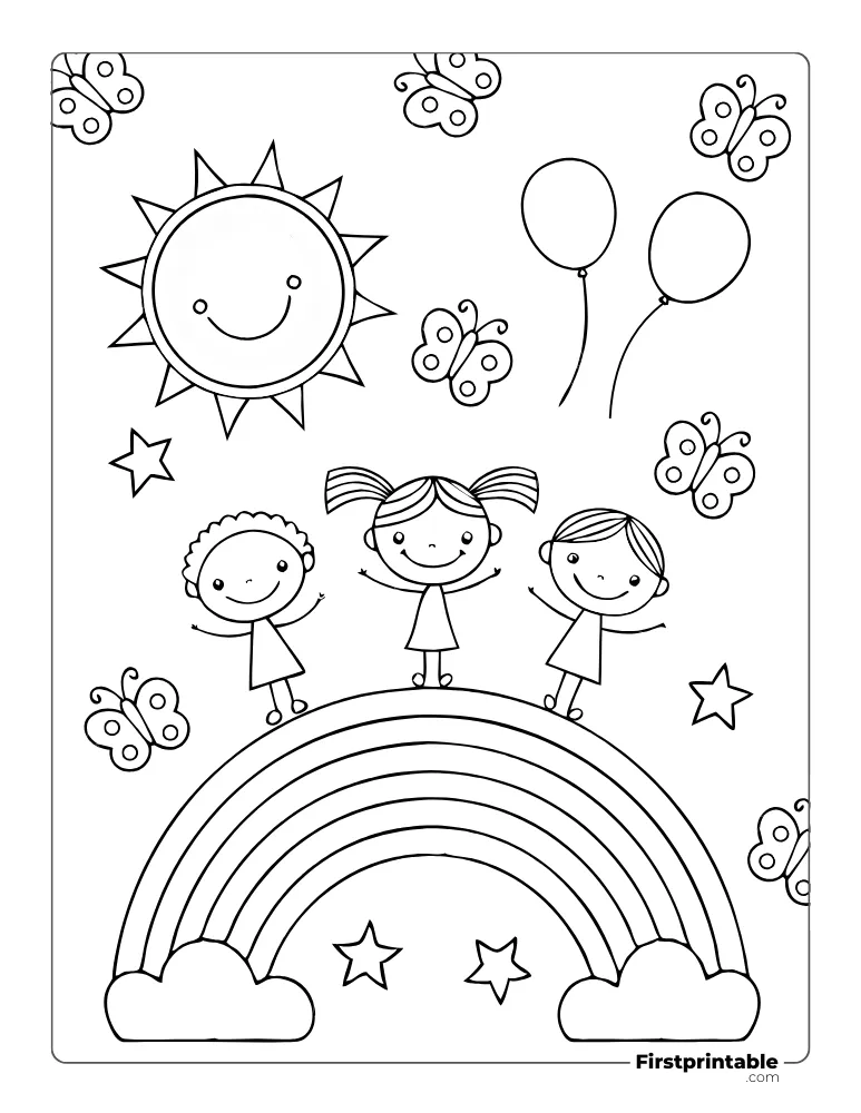 Cute Kids and Rainbow Coloring Page