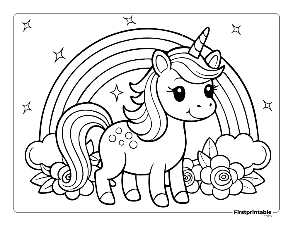 Rainbow and Unicorn Coloring Page