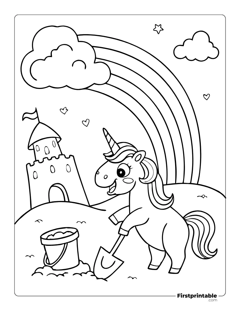 Unicorn Playing in the Sand Coloring Page