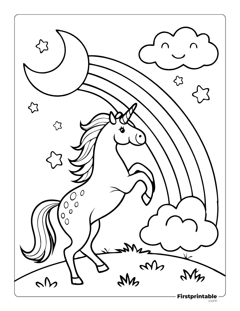 Unicorn and Rainbow with Crescent Coloring Page