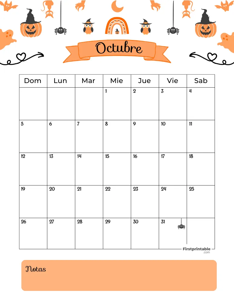 Spanish October Calendar 2025 Halloween Template 28