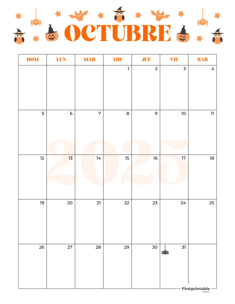 Spanish October Calendar 2025 Halloween Template 30