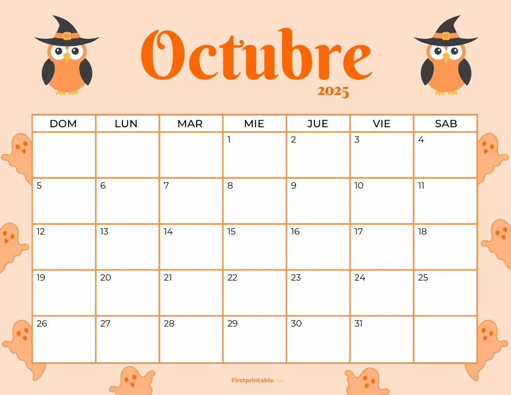 Spanish Printable October Calendar 2025 Halloween Template 44