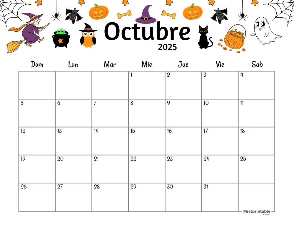 Spanish Printable October Calendar 2025 Halloween Template 46