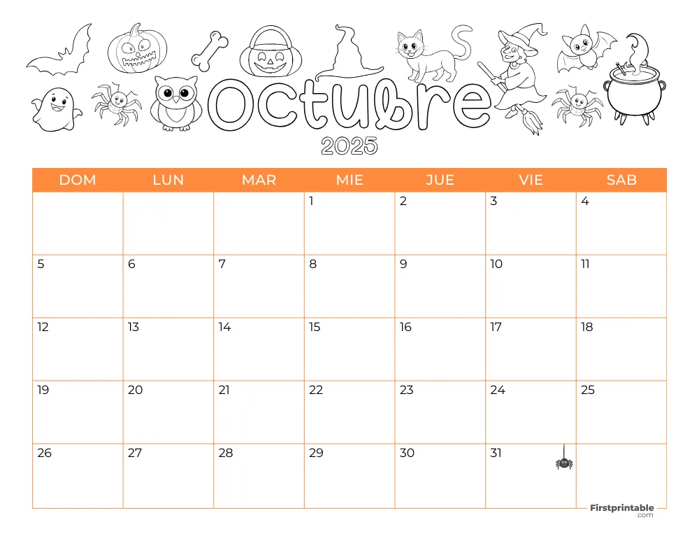 Spanish Printable October Calendar 2025 Halloween Template 47