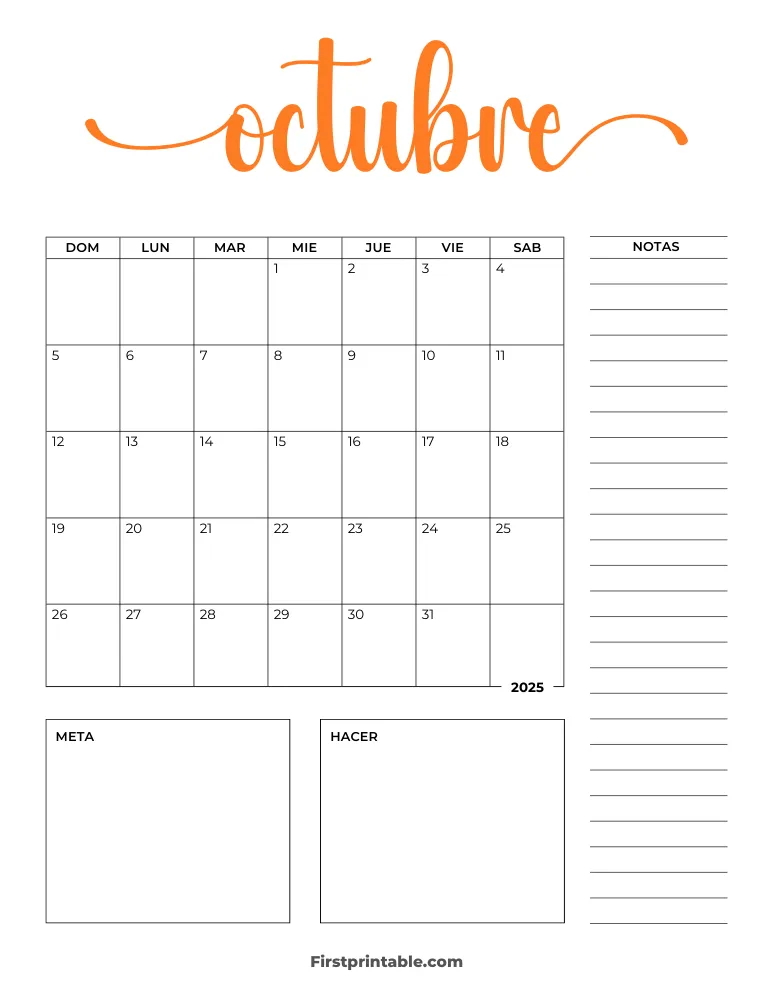 Spanish Printable October Calendar 2025 Template 32