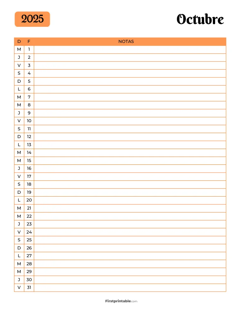 Spanish Printable October Calendar 2025 Template 35