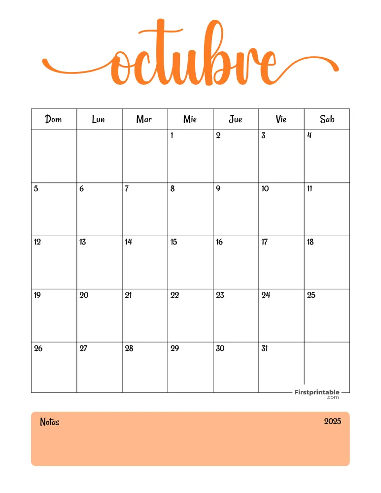 Spanish Printable October Calendar 2025 Template 36