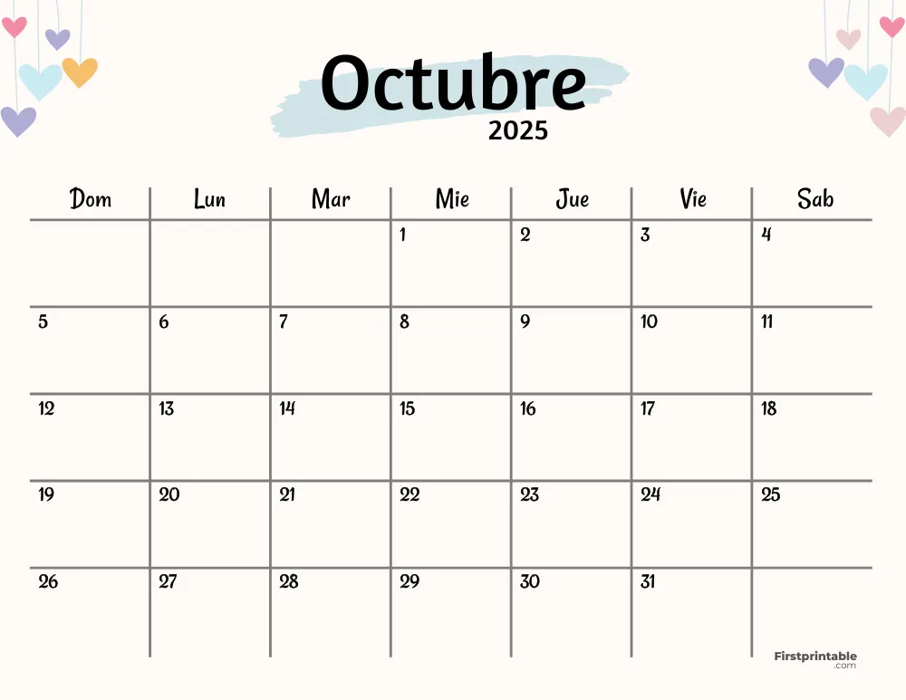 Spanish Printable October Calendar 2025 Template 50