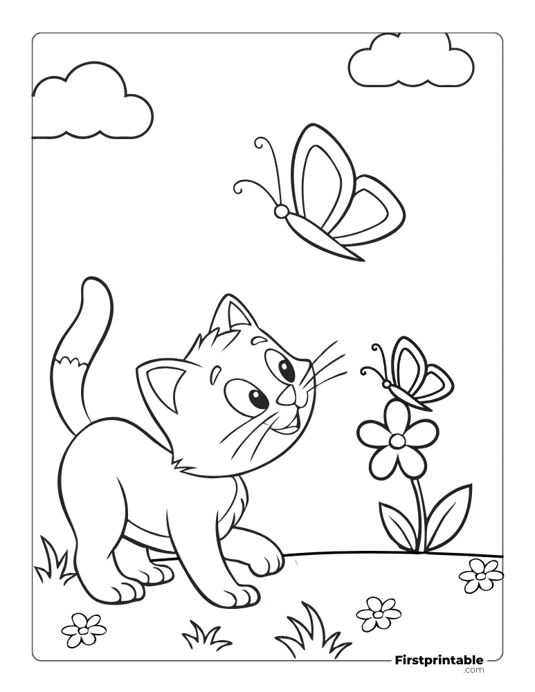 Cute Cat and Butterfly Coloring Page