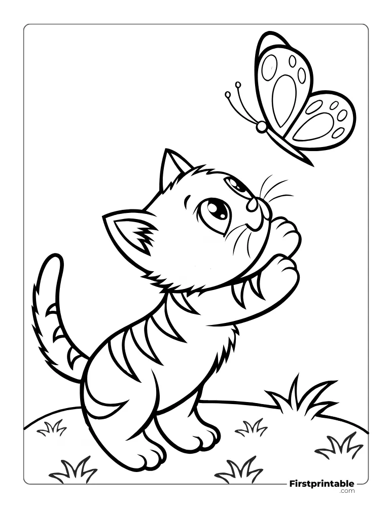 Cute Cat Chasing Butterfly to Color