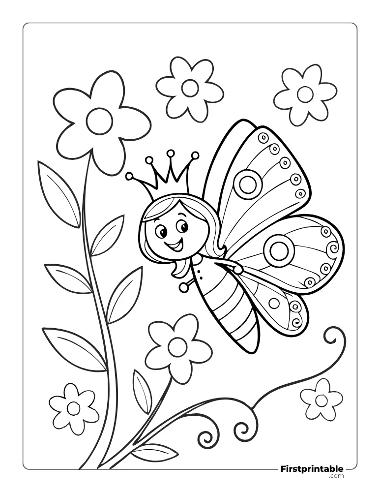 Queen Butterfly in the Garden Coloring Page