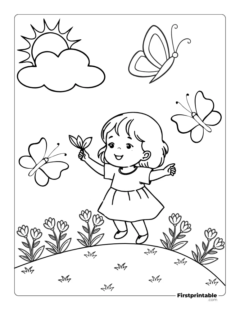 Cute Little Girl Playing in the Garden Coloring Page