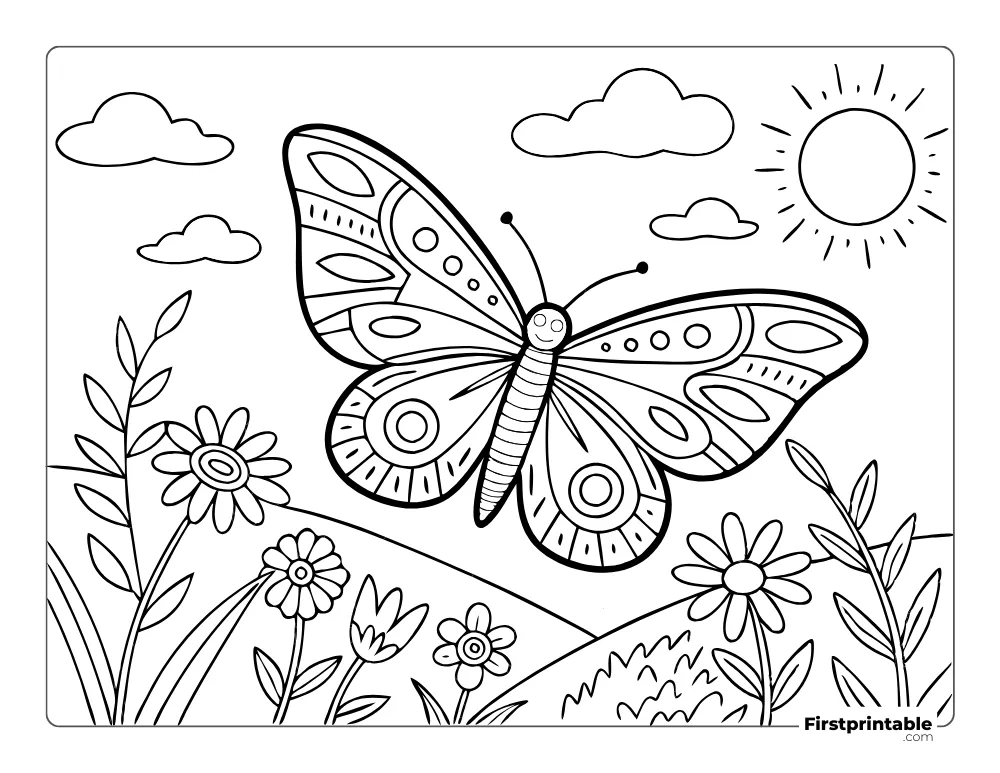 Color the Happy Butterfly in the Garden of Flowers