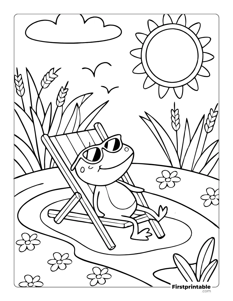 Cute Frog Relaxing In Spring Coloring Page