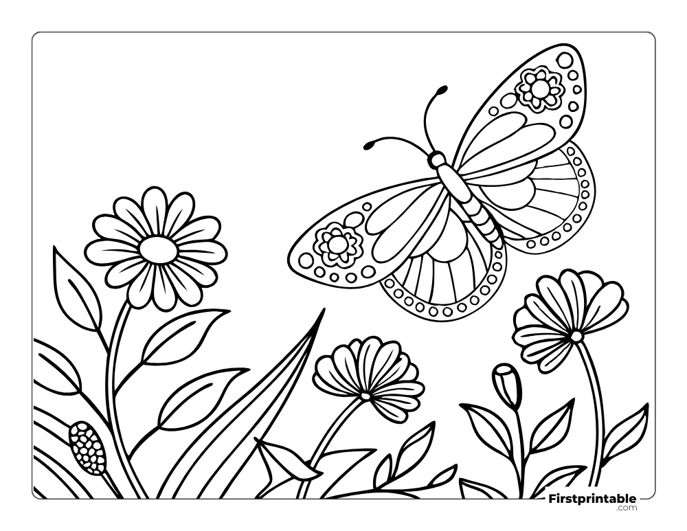 Flower Garden and a Butterfly Coloring Page