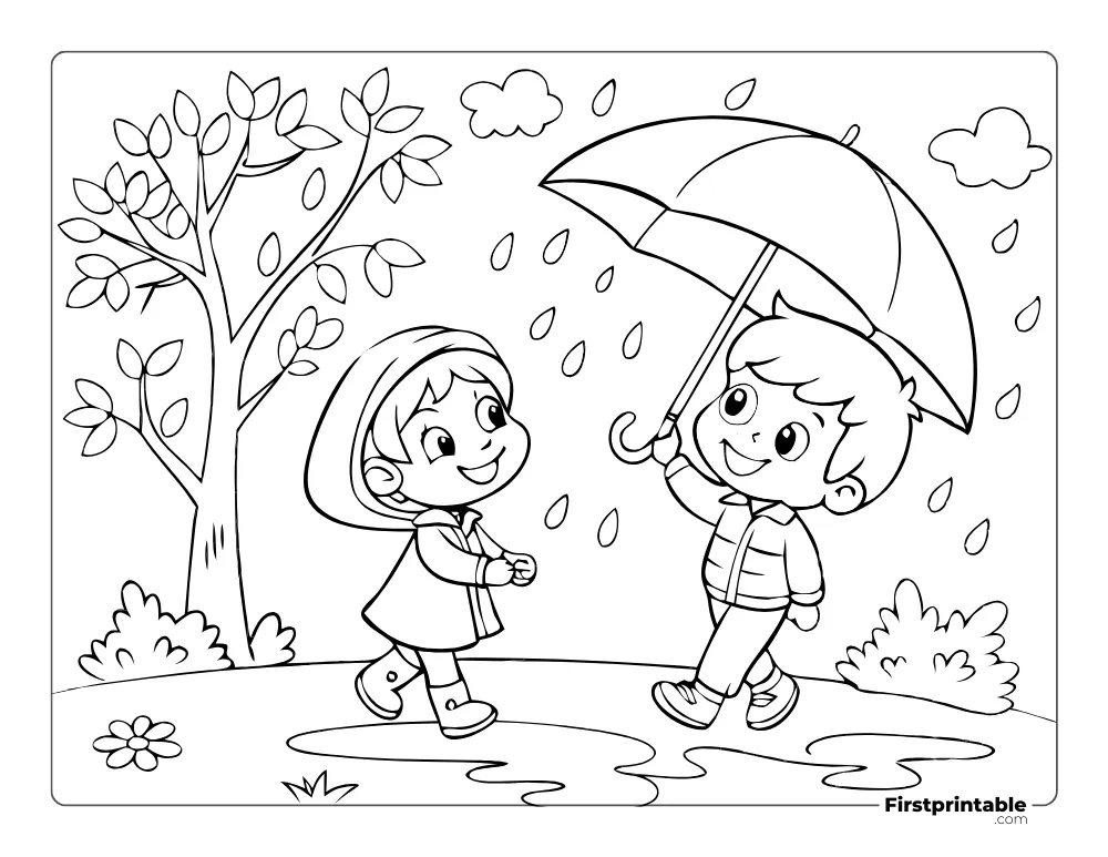 Children Playing in the Rain with Umbrella to Color