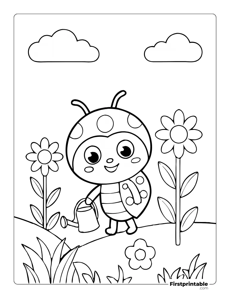 Ladybug Watering Flowers Coloring Page