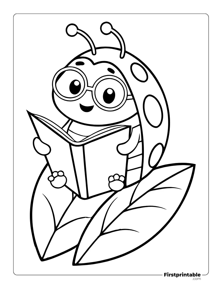 Ladybug Reading on a Leaf Coloring Page