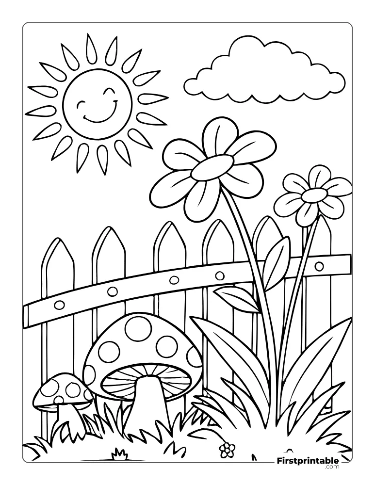 Happy Sun and Flowers Coloring Page