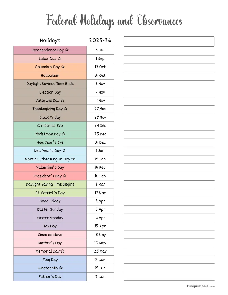 2025 - 2026 Federal Holidays