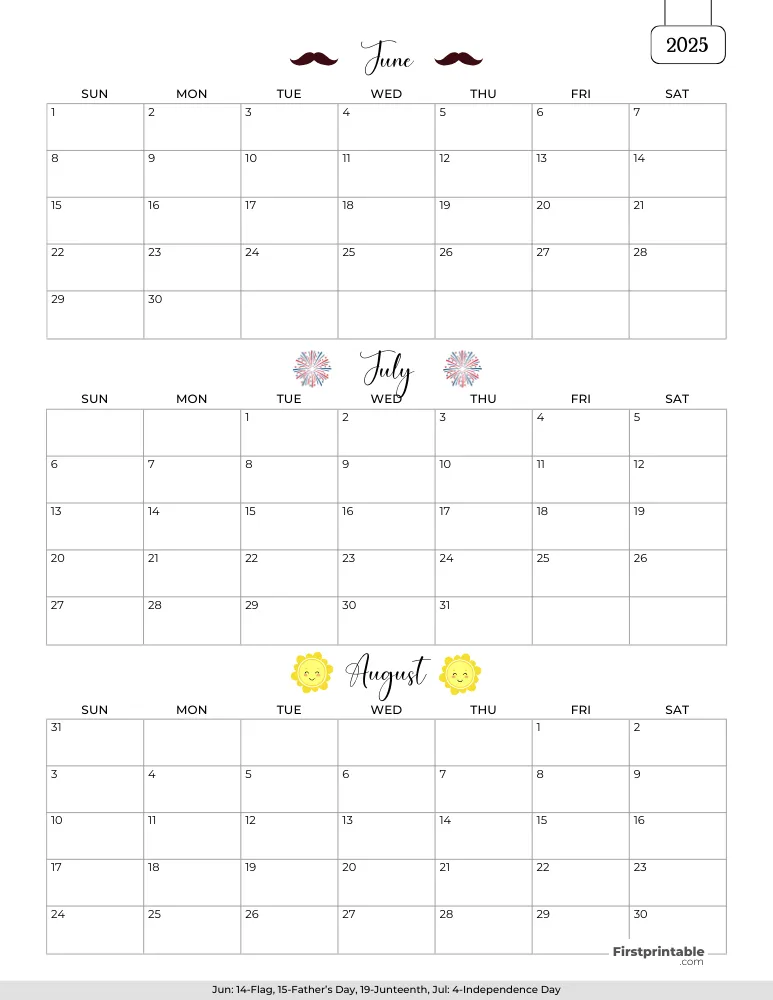 Printable Summer Calendar 2025 Template 01