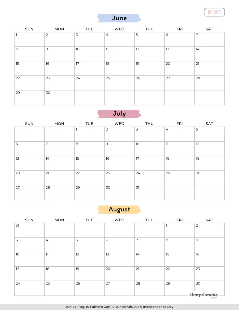 Printable Summer Calendar 2025 Template 02