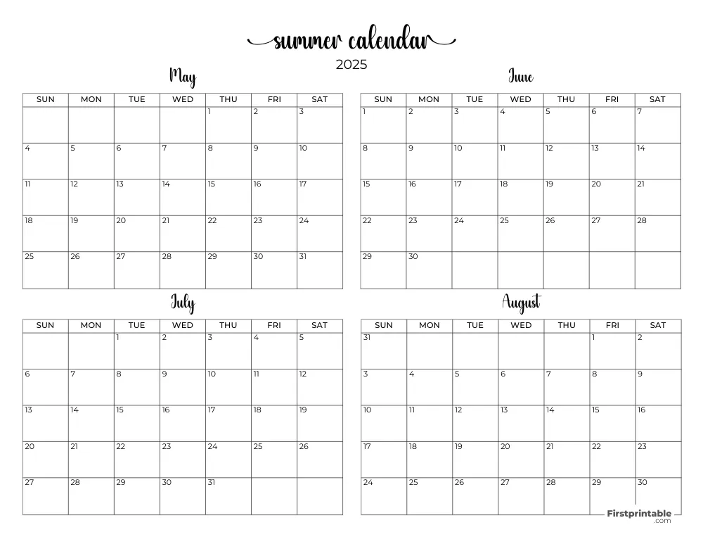 Printable Summer Calendar 2025 Template 10