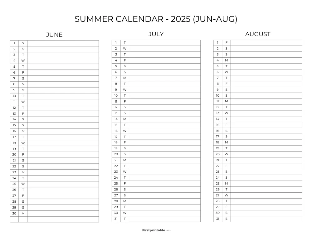 Printable Summer Calendar 2025 Template 14