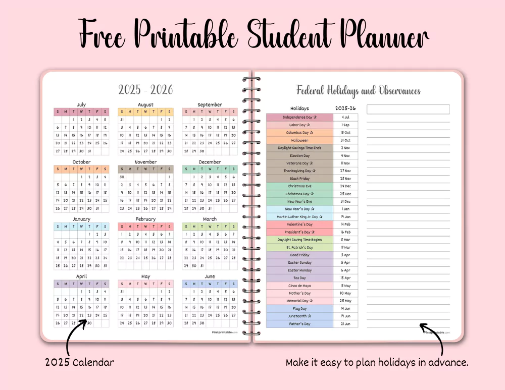 Student Planner 2025 2026 Calendar and Federal Holidays