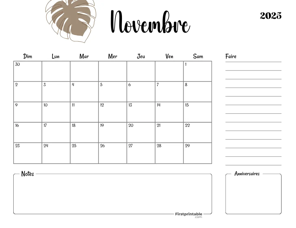 French Printable November Calendar 2025 Template 53
