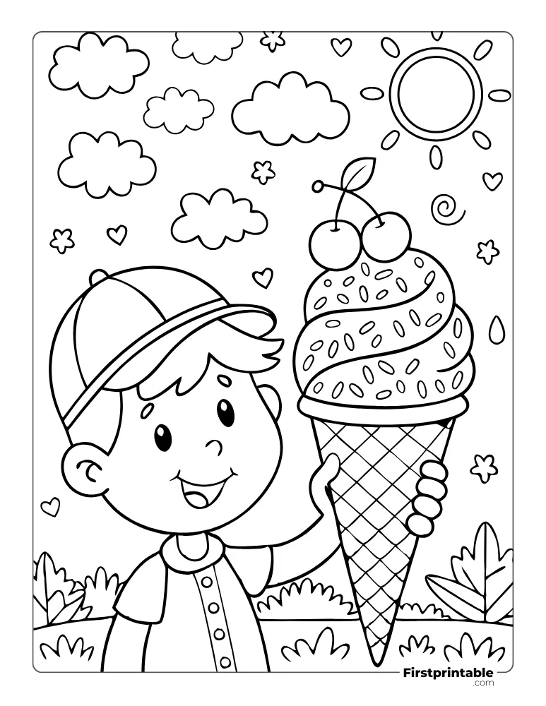 Little Boy with Giant Ice Cream to Color