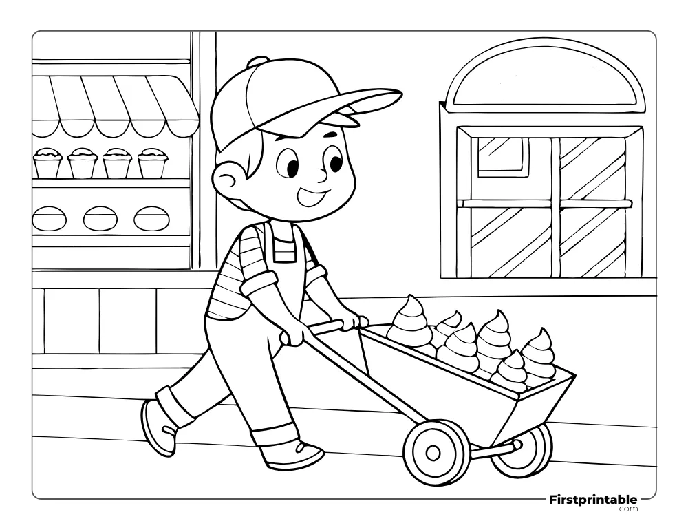 Ice Cream Man in Wheelbarrow to Color