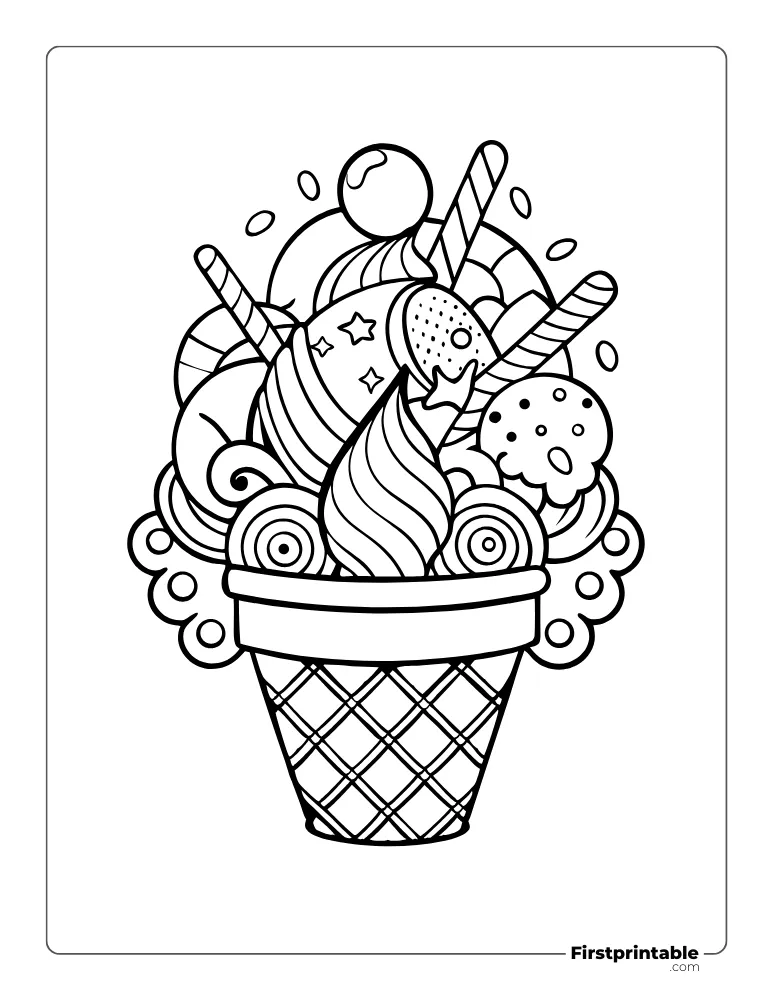 Cute Cake Cone Ice Cream Coloring Pages