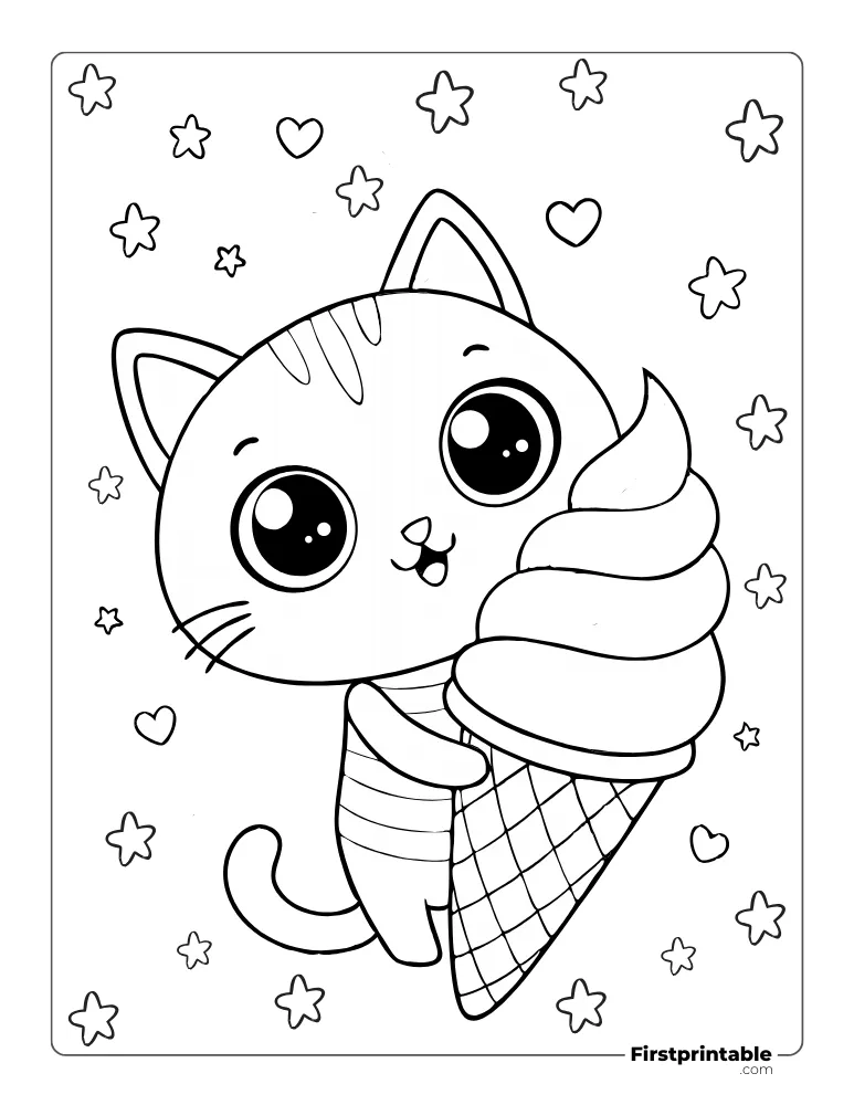 Cute Cat with Ice Cream to Color