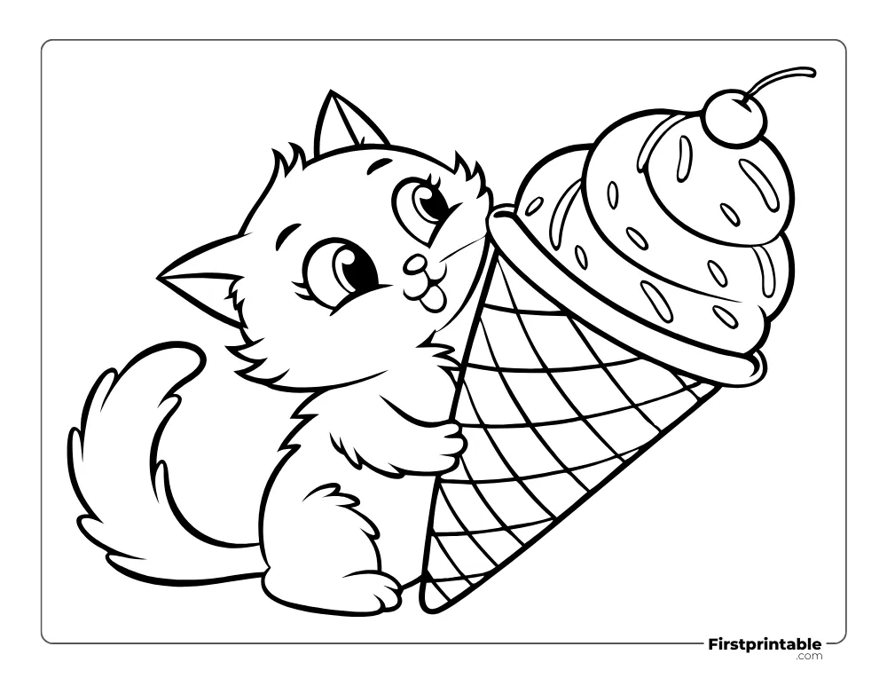 Cute Cat with Giant Ice Cream Coloring Page