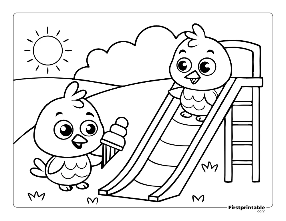 Chicks Playing in Summer to Color