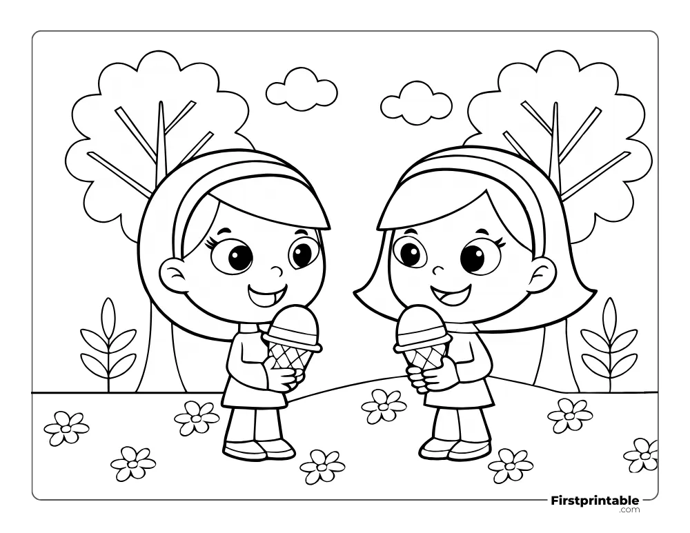 Little Girls Having Ice Cream Coloring Pages