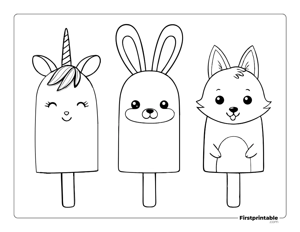 Kawaii Unicorn, Bunny and Fox Popsicles to Color