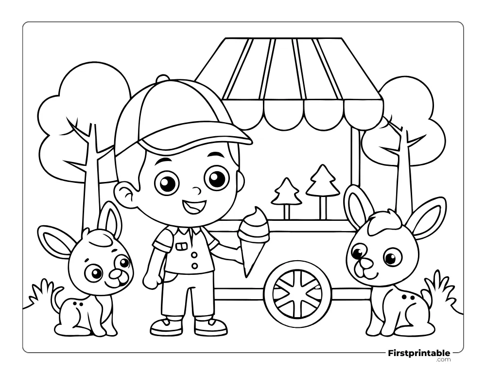 Ice Cream Vendor in the Park Coloring Page